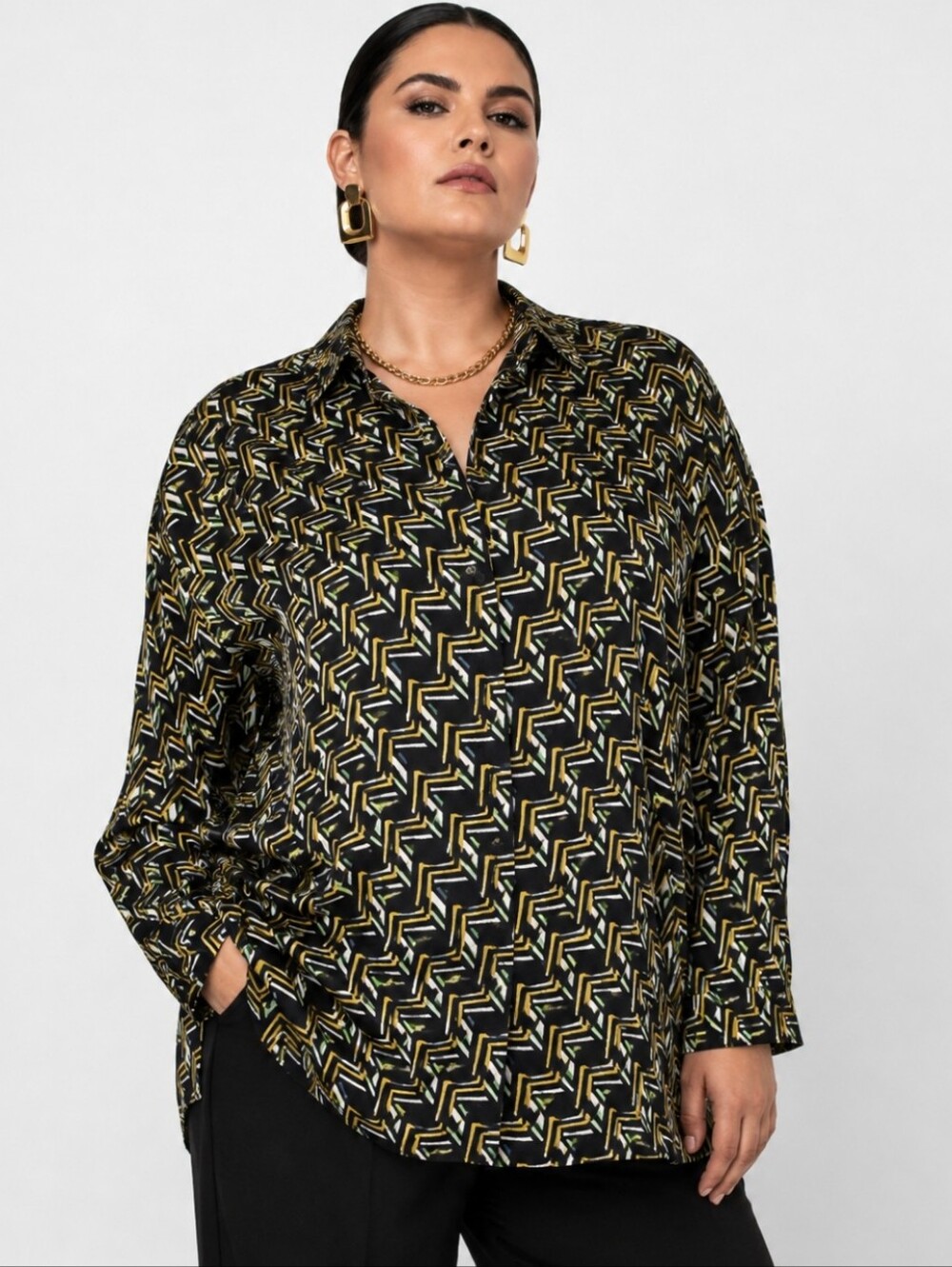 Zara Geometric Print Blouse XL NWT Black Green Gold